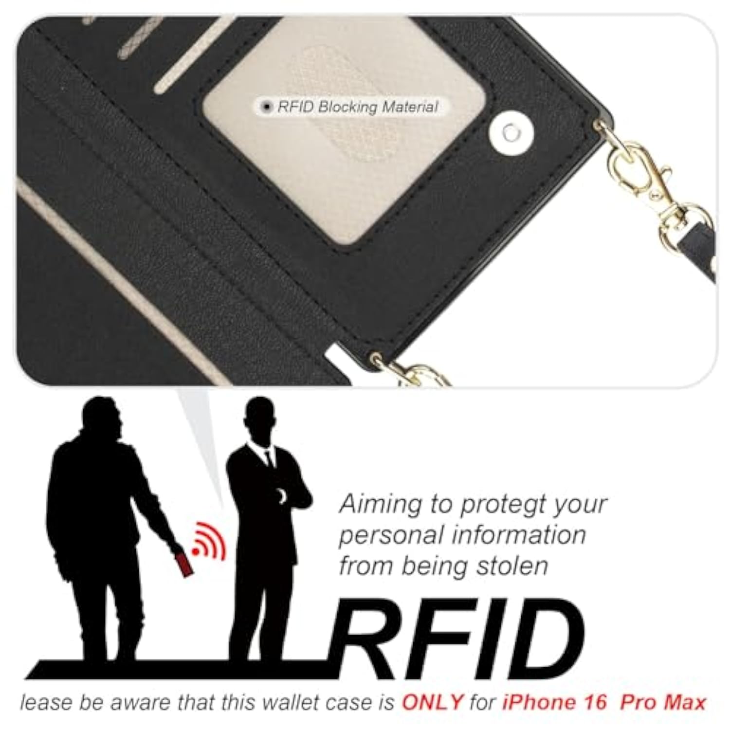 iPhone 14 Pro Max Crossbody Wallet Case RFID PU Leather Black 6.7in