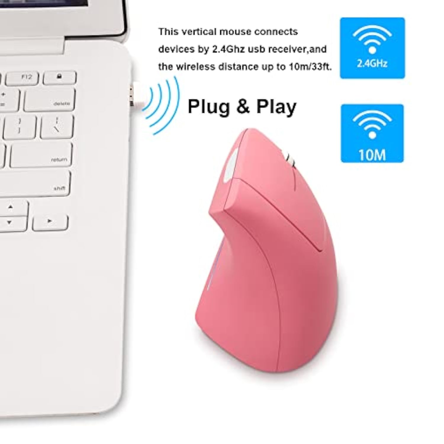 Vertical Mouse, 2.4G Wireless Ergonomic Optical Mouse 800/1200 /1600 Dpi 6 Buttons Right Handed Gaming Mice For Laptop, Desktop, Pc, Macbook (Pink)