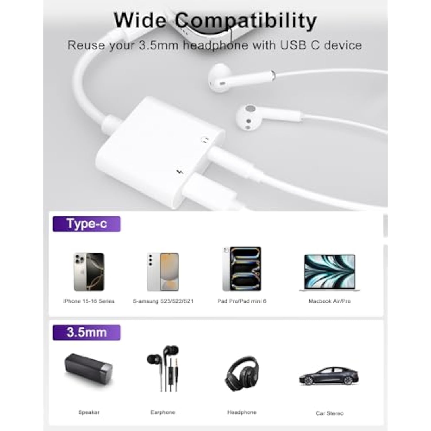 2-Pack Usb C To 3.5Mm Audio Headphone Jack And Charger Adapter, Type C To Aux Dongle Cable With Pd Fast Charging Compatible With Iphone 16/15 Series, Galaxy S24 S23 Ultra, Pad Pro, Pixel