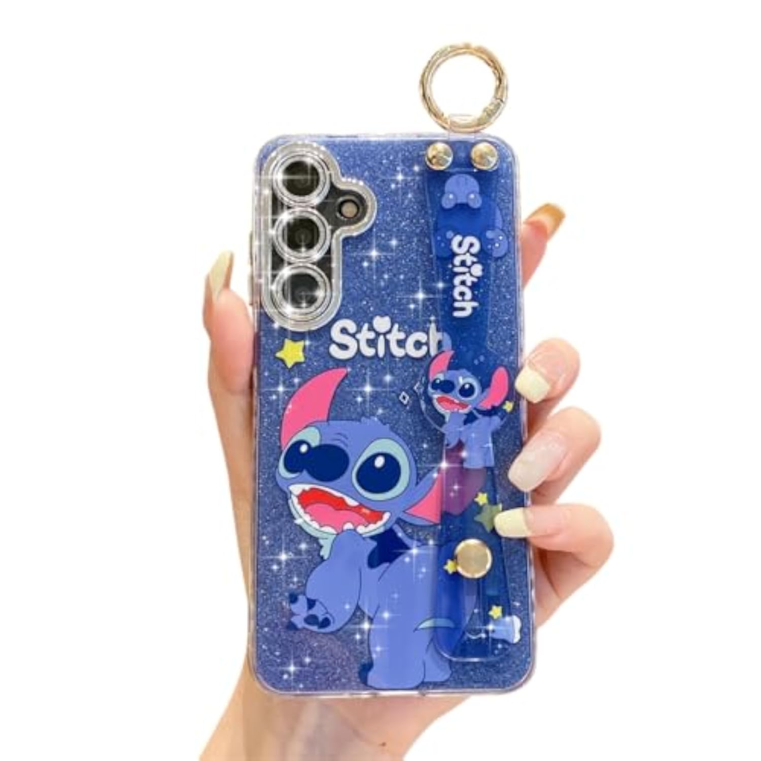Cute Cartoon Glitter Case for Samsung Galaxy S24 with Wrist Strap Kickstand and Camera Lens Protector