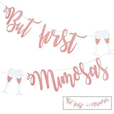 Rose Gold “But First, Mimosas” Banner – Mimosa Bar Sign for Bridal Shower, Baby Shower, Bachelorette, Wedding & Brunch Parties