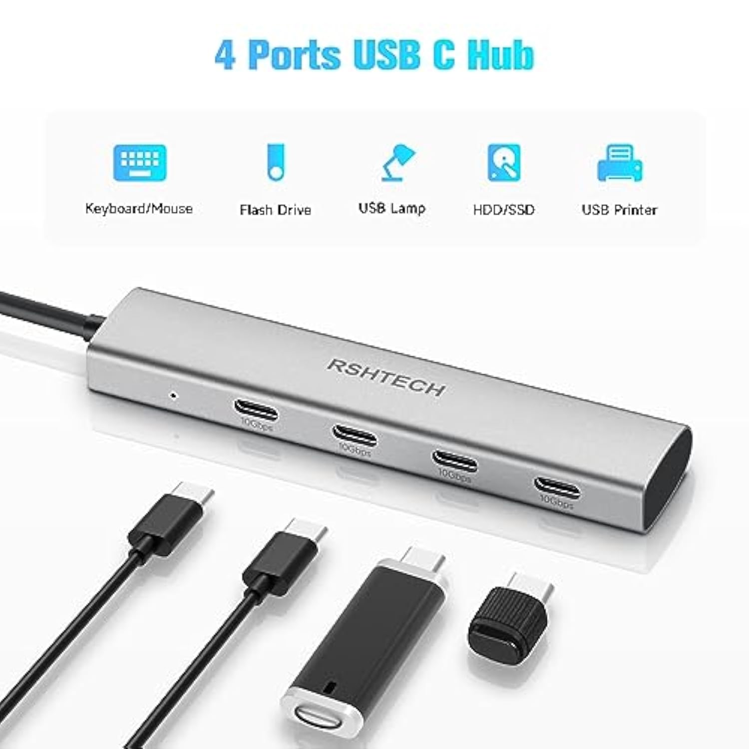 Usb C Hub 10Gbps 4-Port Usb C To Usb-C 3.2 Gen 2 Dongle, Portable Usb C Multip