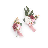 Dusty Rose Wrist Corsage And Boutonniere Set Artificial Light Pink White Rose Flower Wristlet Band Bracelet And Men Boutonniere Set For Wedding Prom Homecoming Party Decor (2Pcs)