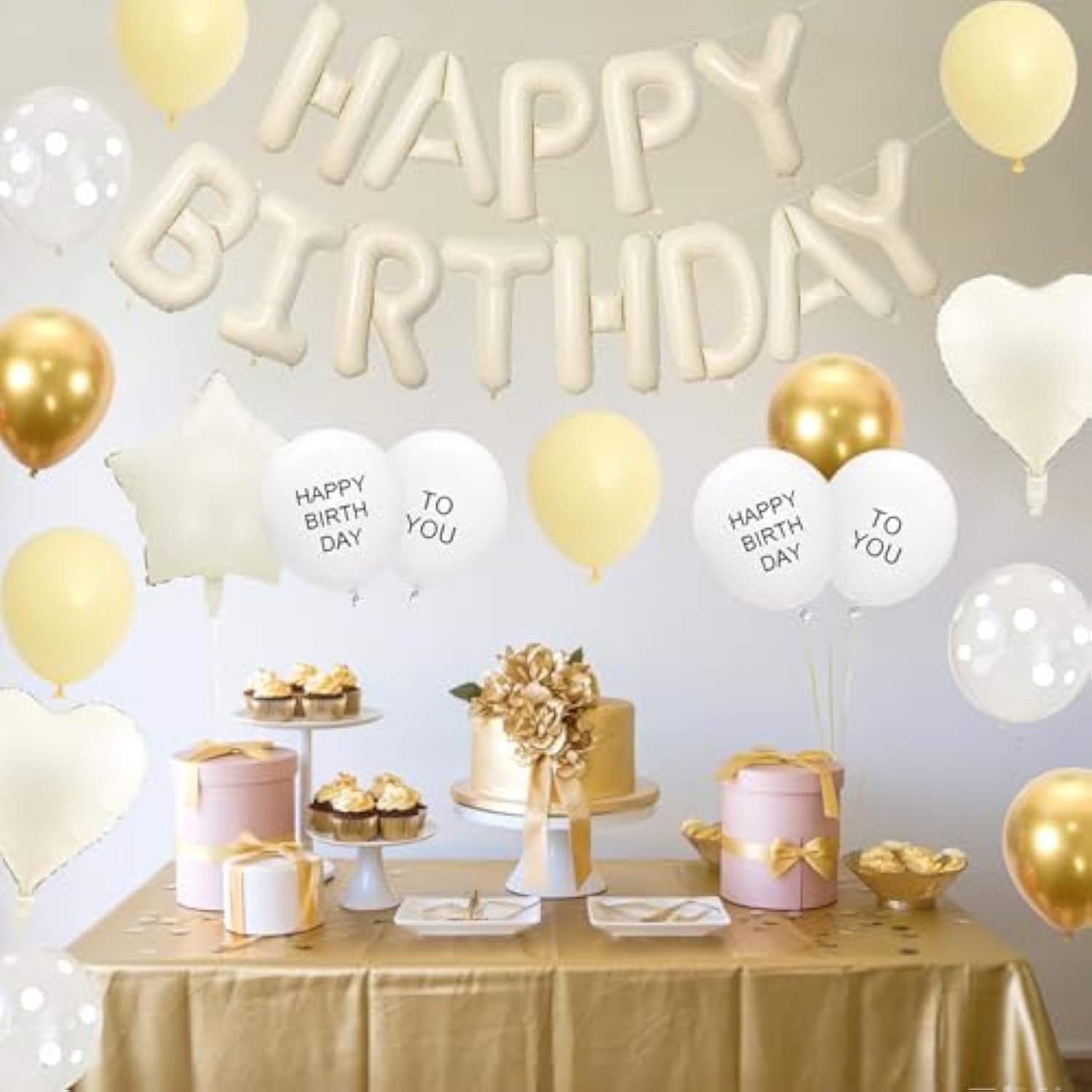 Light Yellow Gold Birthday Decorations For Men Women Kids,White Sand Cream Happy Birthday Banner Balloons Heart Star Foil Clear White Polka Dot Balloons For Baby Shower Party Decorations