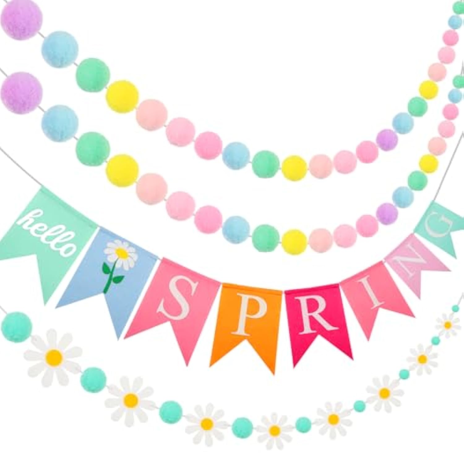 4 Pieces Spring Garland Banner Decorations, Pastel Felt Pompom Garland Hello Spring Daisy Flower Banner For Indoors Decorating Mantel Tree Party Decorations