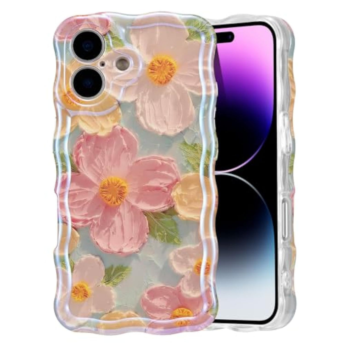 iPhone 16 Case, Retro Flower Oil Painting, Curly Wave Edge, TPU Protective Cover