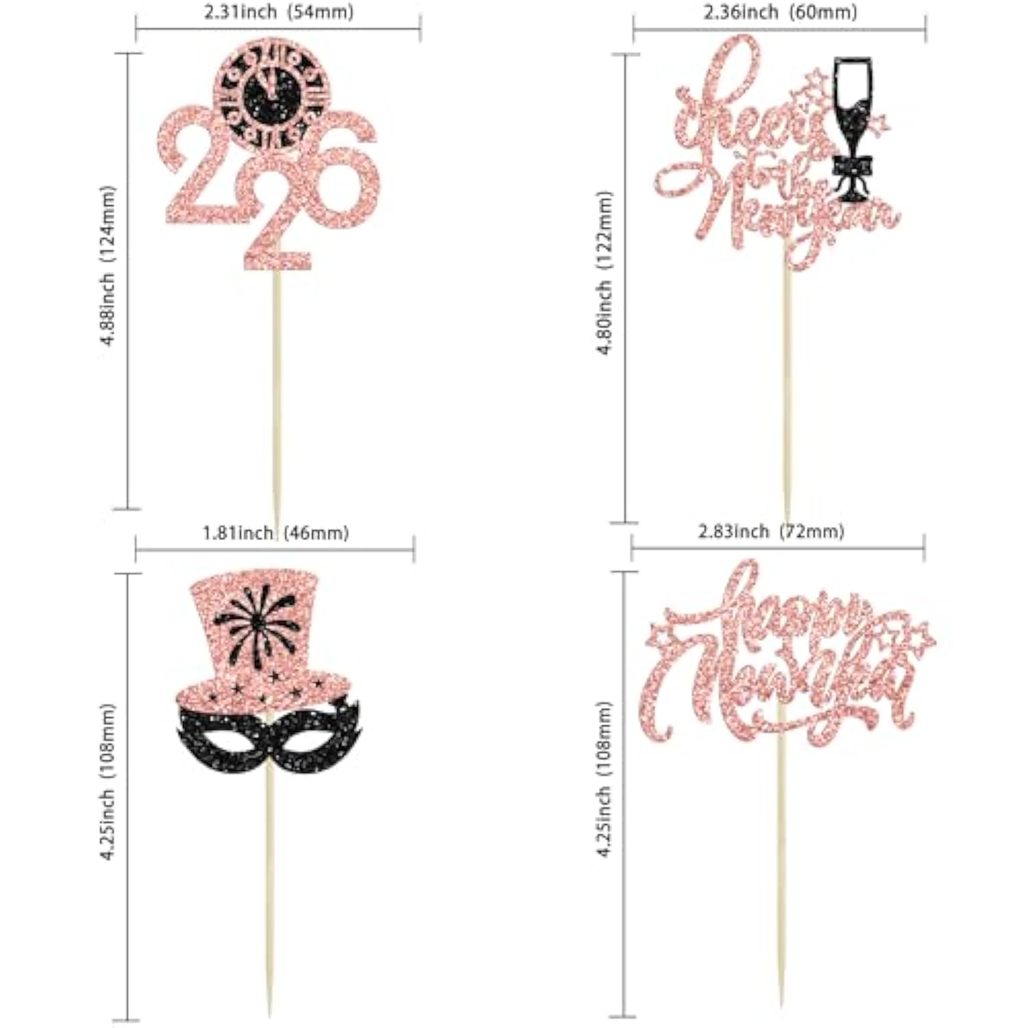 24Pc 2026 Happy New Year Cupcake Toppers Black Rose Gold Party Decor