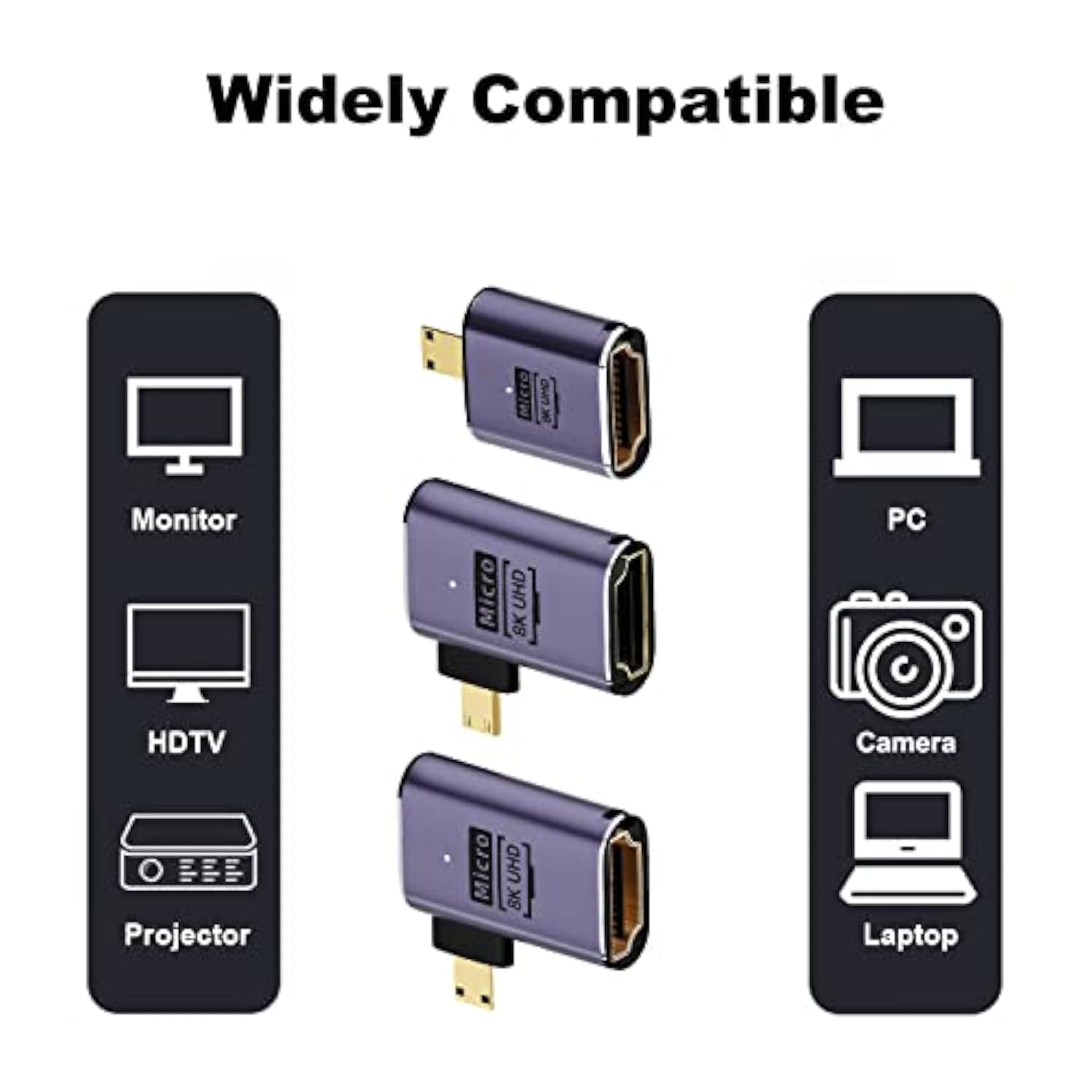 8K Micro Hdmi To Hdmi Adapter (3 Pack), 90 Degree Left And Right Angle Micro H