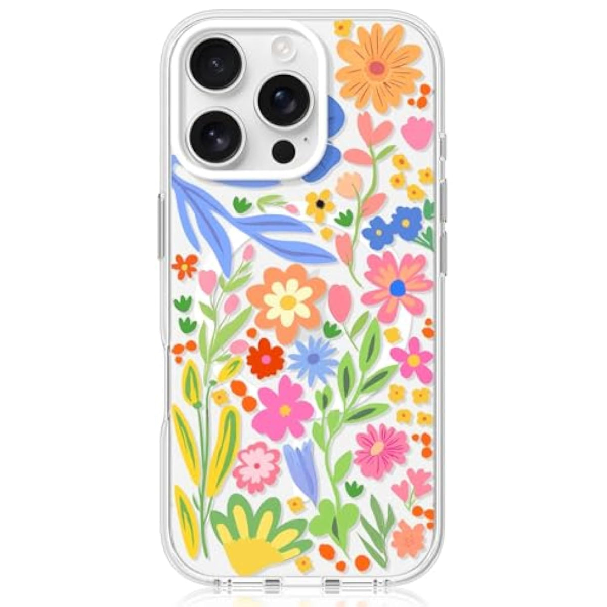 Clear Phone Case For Iphone 16 Pro Compatible With Magsafe, Fall Cute Flower Floral Colorful Designer Girly Magnetic Shock Proof Heavy-Duty Protection For Men Boys Women Girls Pink