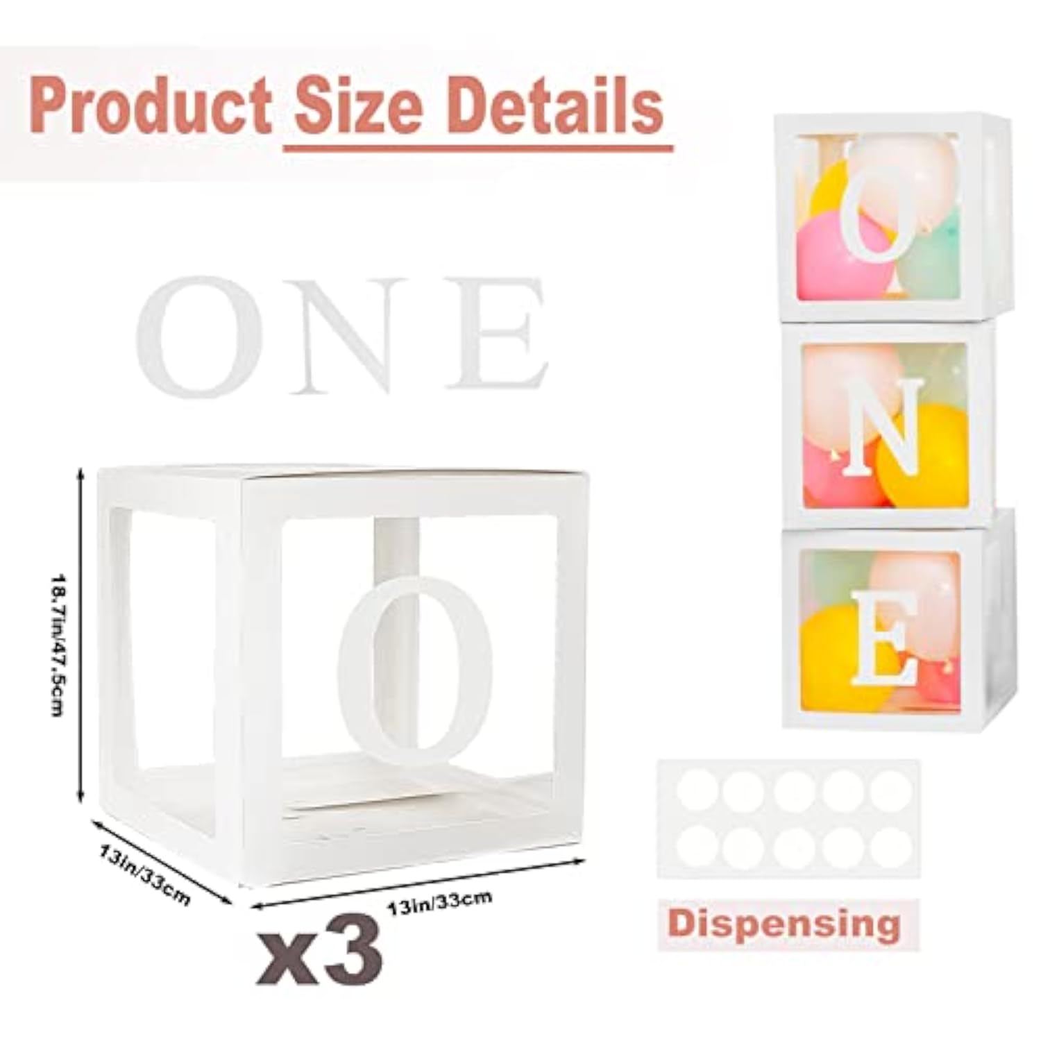 First Birthday Balloons Boxes For Boy Or Girl 'One' Letters Individual Three White Transparent Square Boxes 1St Birthday Party Decorations Backdrop Photo Shoot Prop