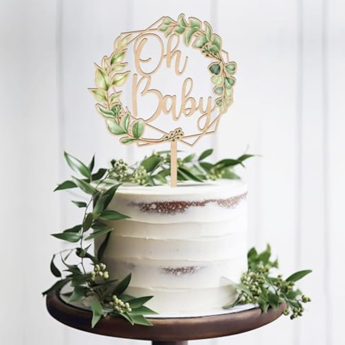 Oh Baby Cake Topper In Wood Baby Shower Party Greeny Cake Decoration (Design 01)