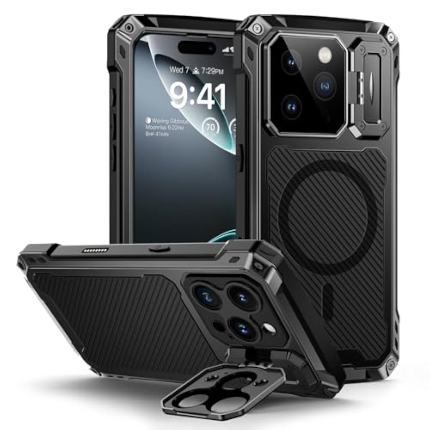Heavy Duty Rugged Magnetic Phone Case for iPhone 16 Pro Max with Camera Cover and Stand, Black, Compatible with MagSafe, Built-in Kickstand, Military-Grade Protection