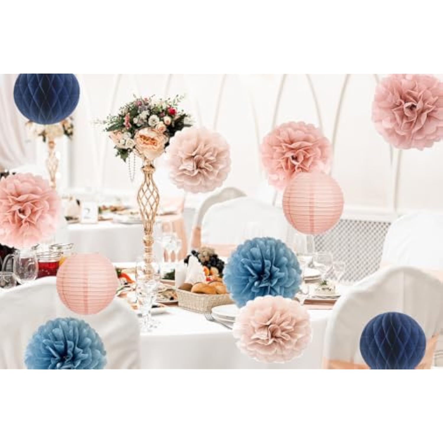 Dusty Pink Blue Hanging Party Decorations With Tissue Pom Poms And Paper Lantern For Bridal Baby Shower Gender Reveal Birthday Decor Supplies (Dusty Blue + Rose Gold)