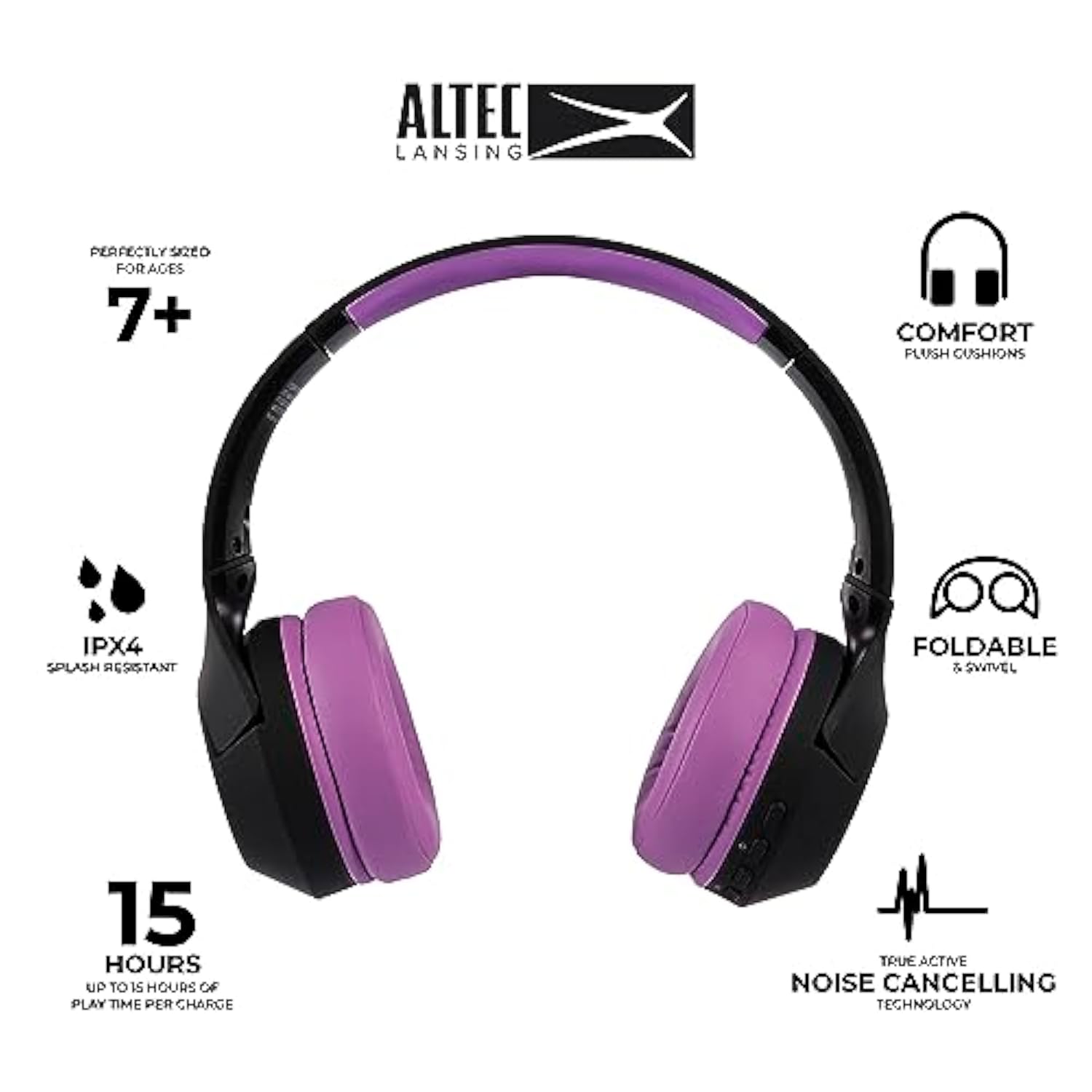 Altec Lansing Kid Safe Noise Cancelling Wireless Headphones 15H Battery, 85dB Volume Limit, Foldable Design Powerful Sound, Active Noise Cancellation Perfect for Kids Ages 7+