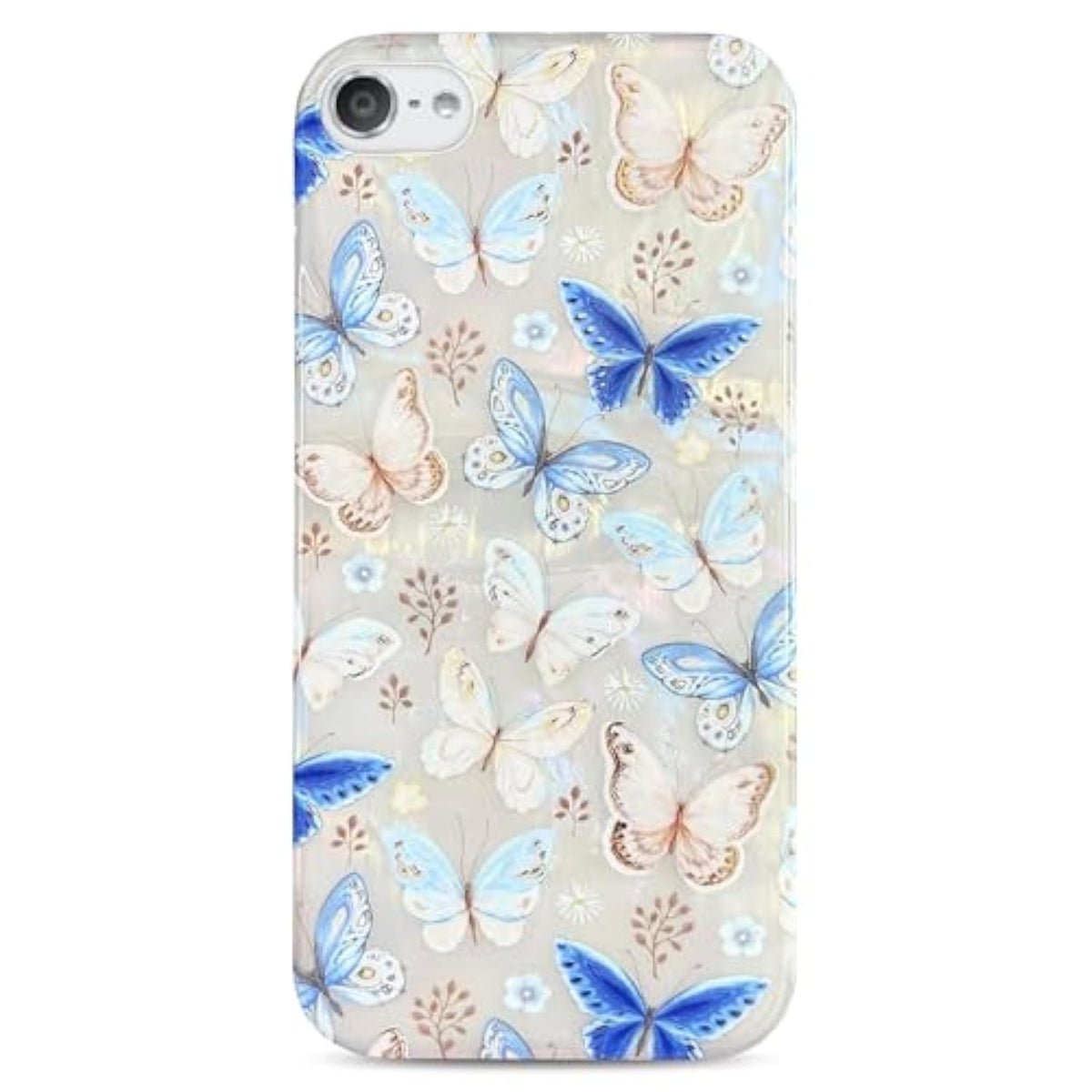 Ipod Touch 7 Case - Aesthetic Blue Butterflies Floral Flowers Glitter Opal Pearly Thinfoil Design Soft Tpu Bumper Protective Phone Case