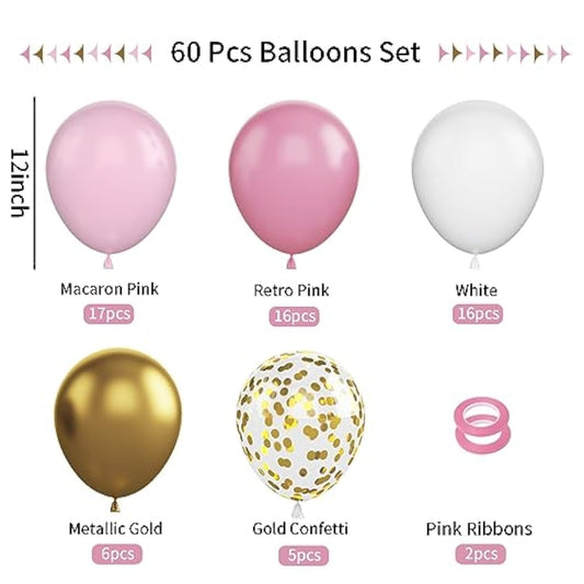 Pink And Gold Balloons, 60Pcs Retro Pink White Balloons, 12 Inch Metallic Gold Confetti Balloons Helium Light Pink Latex Party Balloons For Girls Baby Shower Birthday Princess Party Decorations
