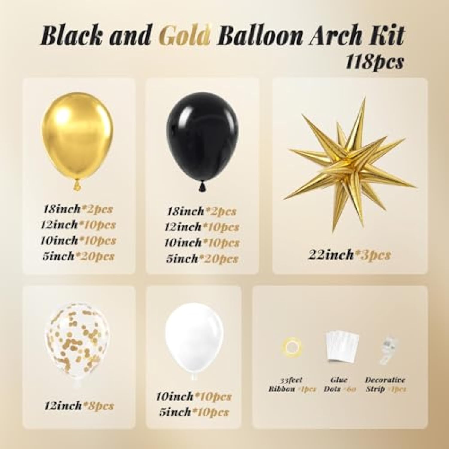 118pcs Black and Gold Balloon Arch Kit for Graduation, Birthday, and Parties