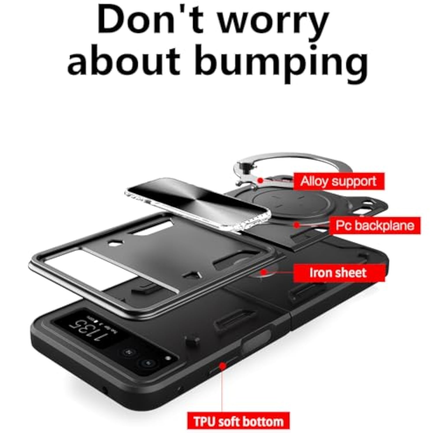 Motorola Razr 2023 Military-Grade Protective Armor Case with 360°Ring Magnetic Kickstand and Slide Camera Lens Cover, Black