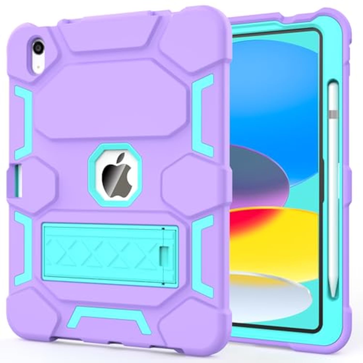 Case For A16 11Th Generation 11 Inch 2025, 10Th Generation 10.9 Inch 2022, With Kickstand & Pencil Holder, Heavy Duty Shockproof Hybrid Protective Cover For Kids Girls, Purple+Green