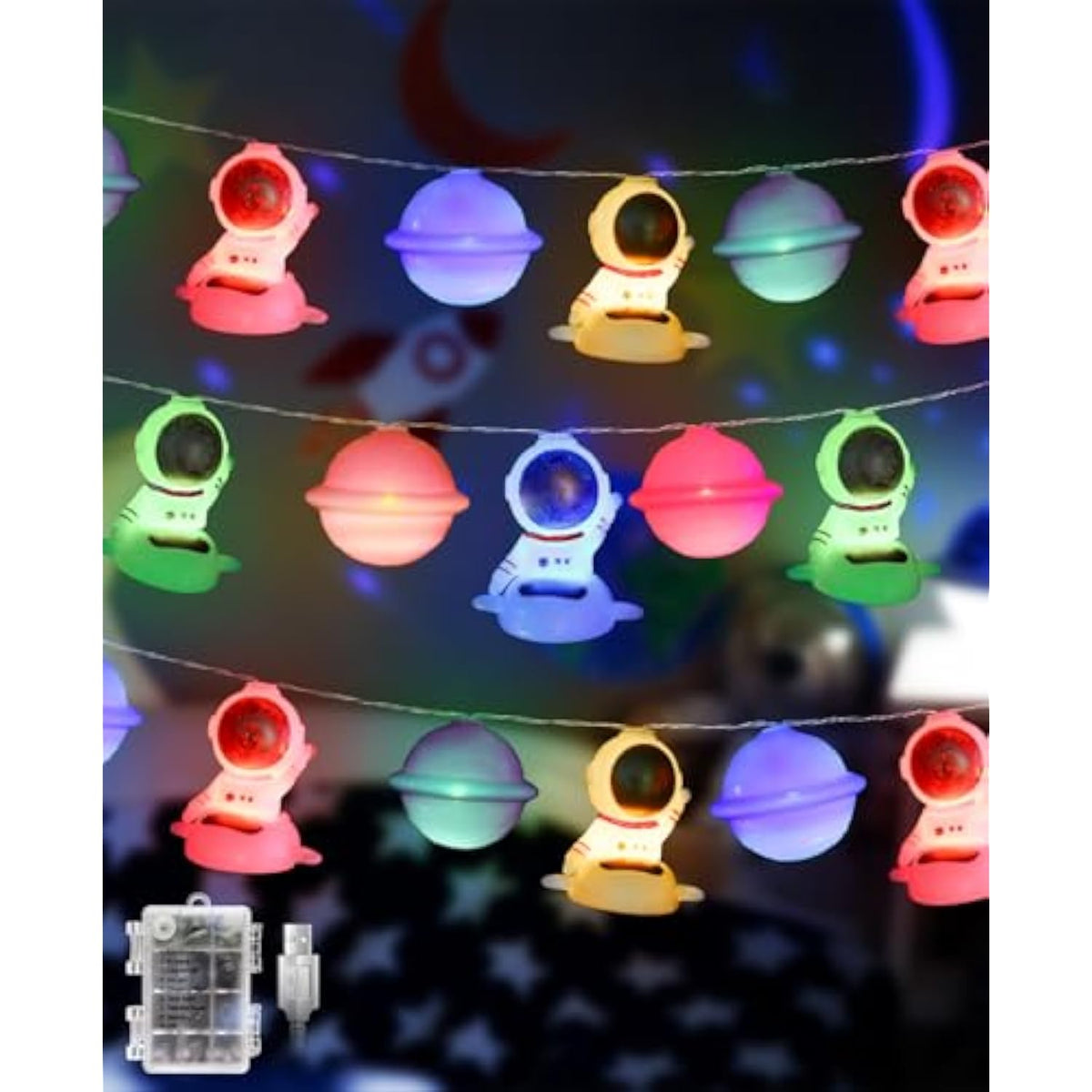 Planet Astronaut String Lights, 20 Led Space Themed Decor Galaxy Fairy Lights Outer Space Room Decor, Battery&Usb Powere