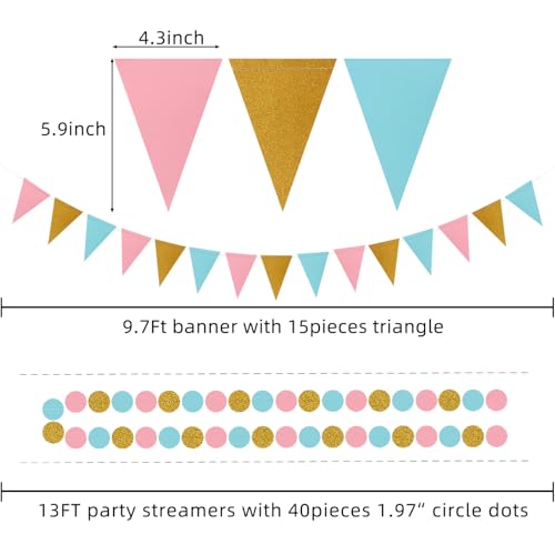 Gold Blue Pink Gender-Reveal Decorations – Tissue Pom Poms Paper Fans Garland Streamers Birthday Party Banner Baby Bridal Shower Wedding Graduation Bachelorette Engagement Hanging Decor