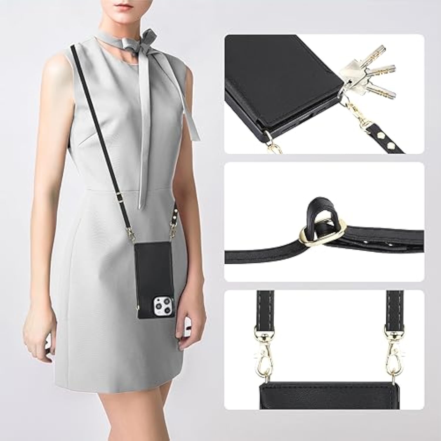 iPhone 15 Pro Max Crossbody Wallet Case RFID PU Leather Black 6.7in