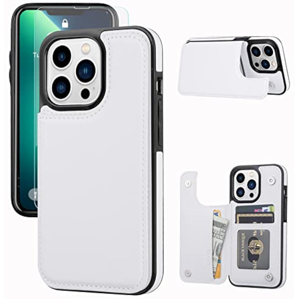 Wallet Case Compatible With Iphone 13 Pro 6.1",Slim Protective Case With Card Holder,Premium Pu Leather Kickstand Card Slots Case With 1 Screen Protective Glass For Iphone13Pro(6.1")-White