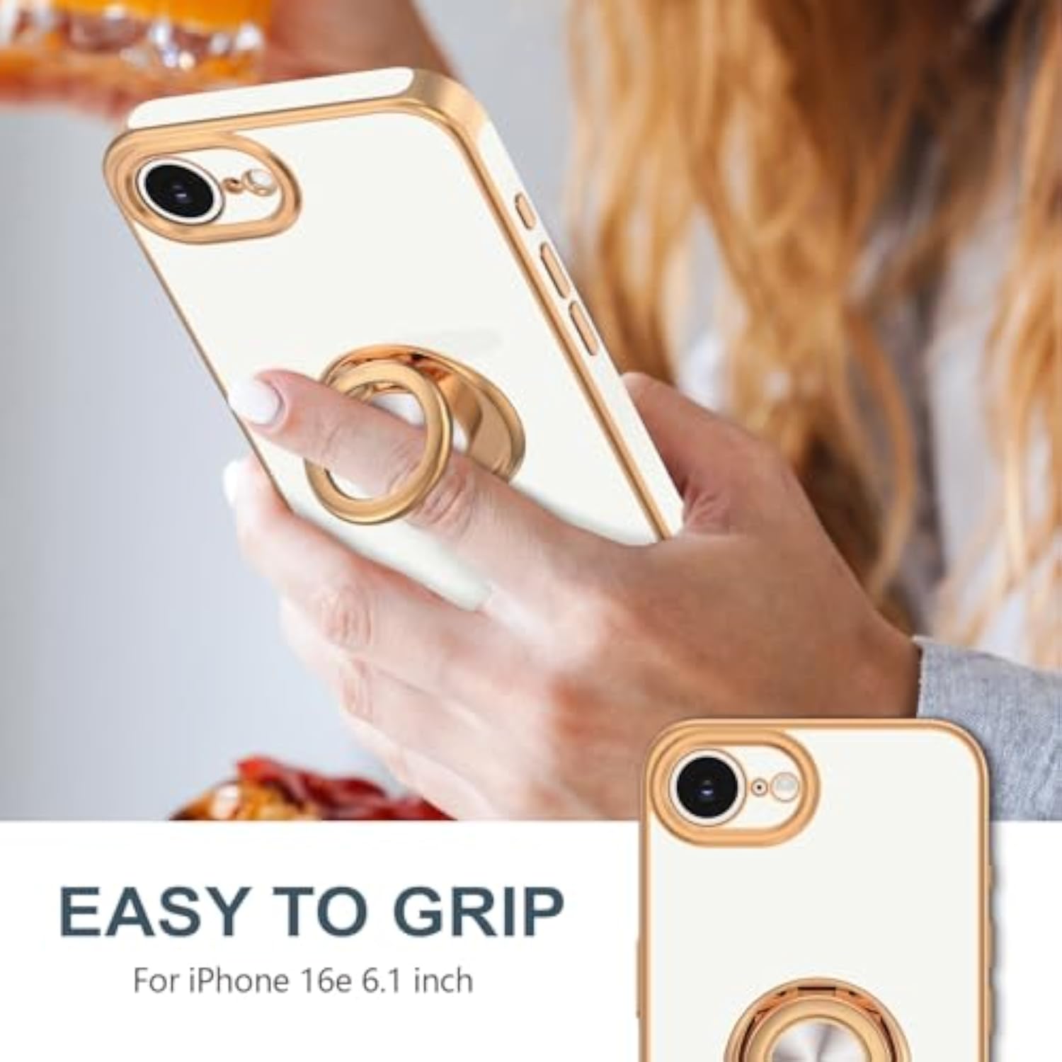 iPhone 16e Case with Rotatable Ring Holder and Rose Gold Edge, 6.1" Soft Protective Cover, White