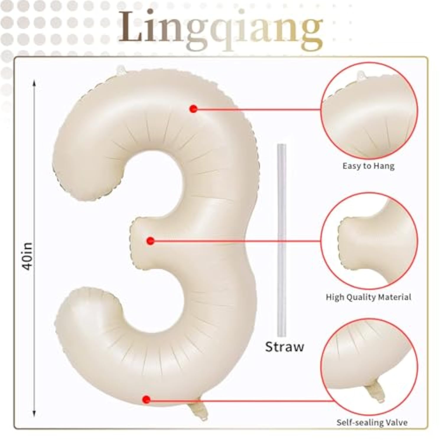 40 Inch Beige Large Numbers Balloons 3, Self Inflating Ivory White Digit 3 Helium Balloons For 3Rd Girls, Cream Foil Mylar Number Balloons 0-9 For Women Birthday Party Anniversary Supplies Decorations