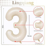 40 Inch Beige Large Numbers Balloons 3, Self Inflating Ivory White Digit 3 Helium Balloons For 3Rd Girls, Cream Foil Mylar Number Balloons 0-9 For Women Birthday Party Anniversary Supplies Decorations