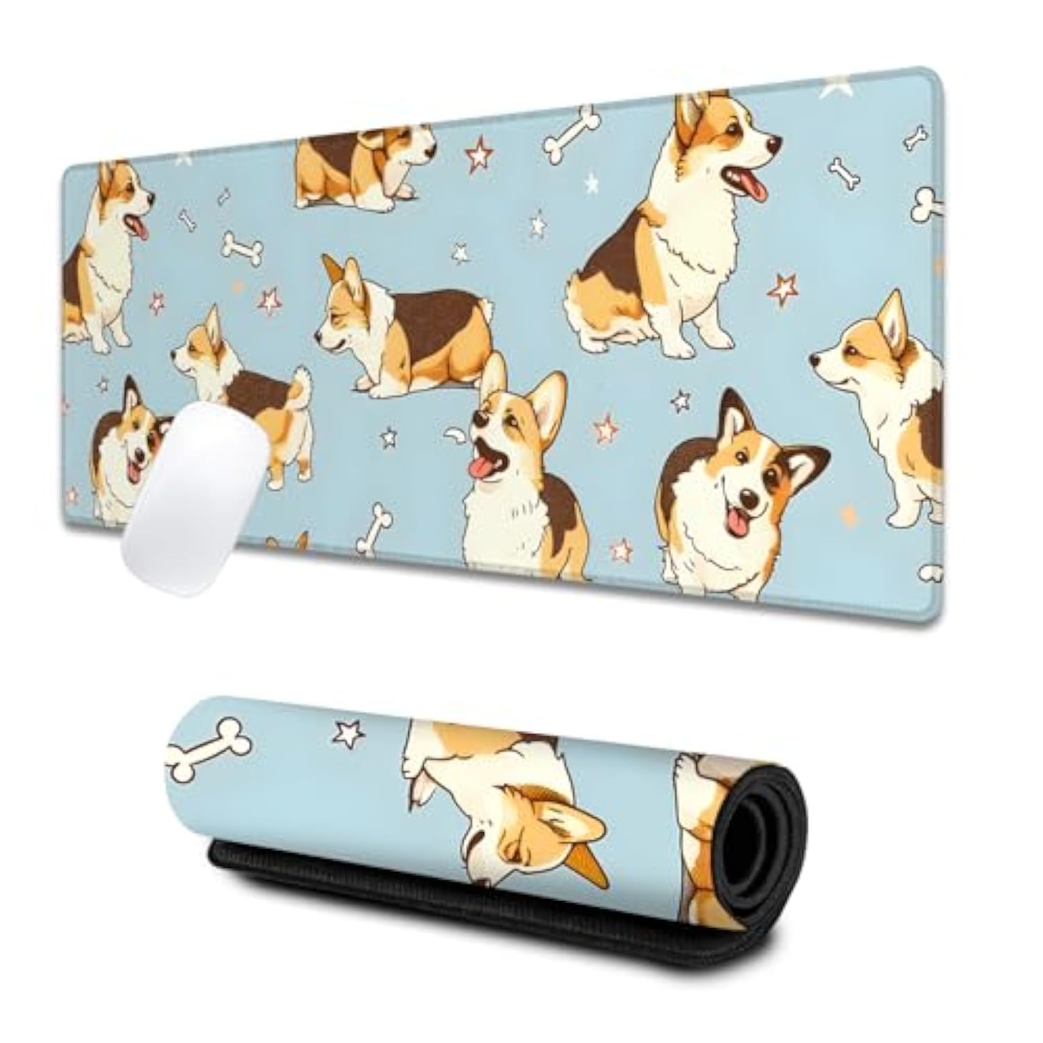 Cartoon Corgi Large Gaming Desk Mat,Rubber Non-Slip Cute Dog Mouse Pad,31.5X11.8X0.12In Extended Pet Bone Mousepad,Puppy Lover Mice Pads Gifts,Office Home Deskmat Decor