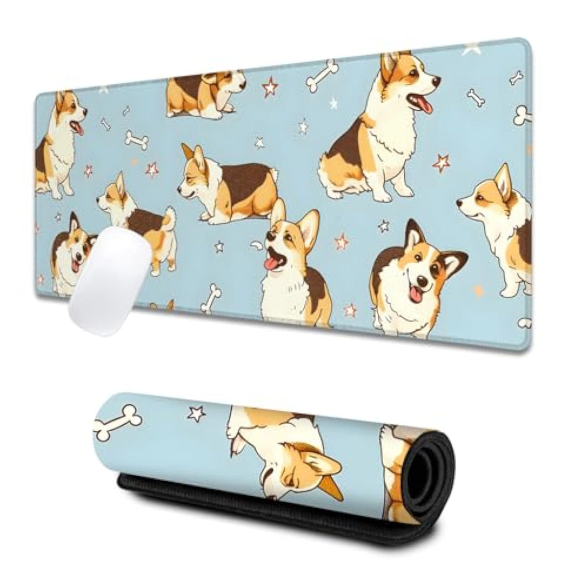 Cartoon Corgi Large Gaming Desk Mat,Rubber Non-Slip Cute Dog Mouse Pad,31.5X11.8X0.12In Extended Pet Bone Mousepad,Puppy Lover Mice Pads Gifts,Office Home Deskmat Decor