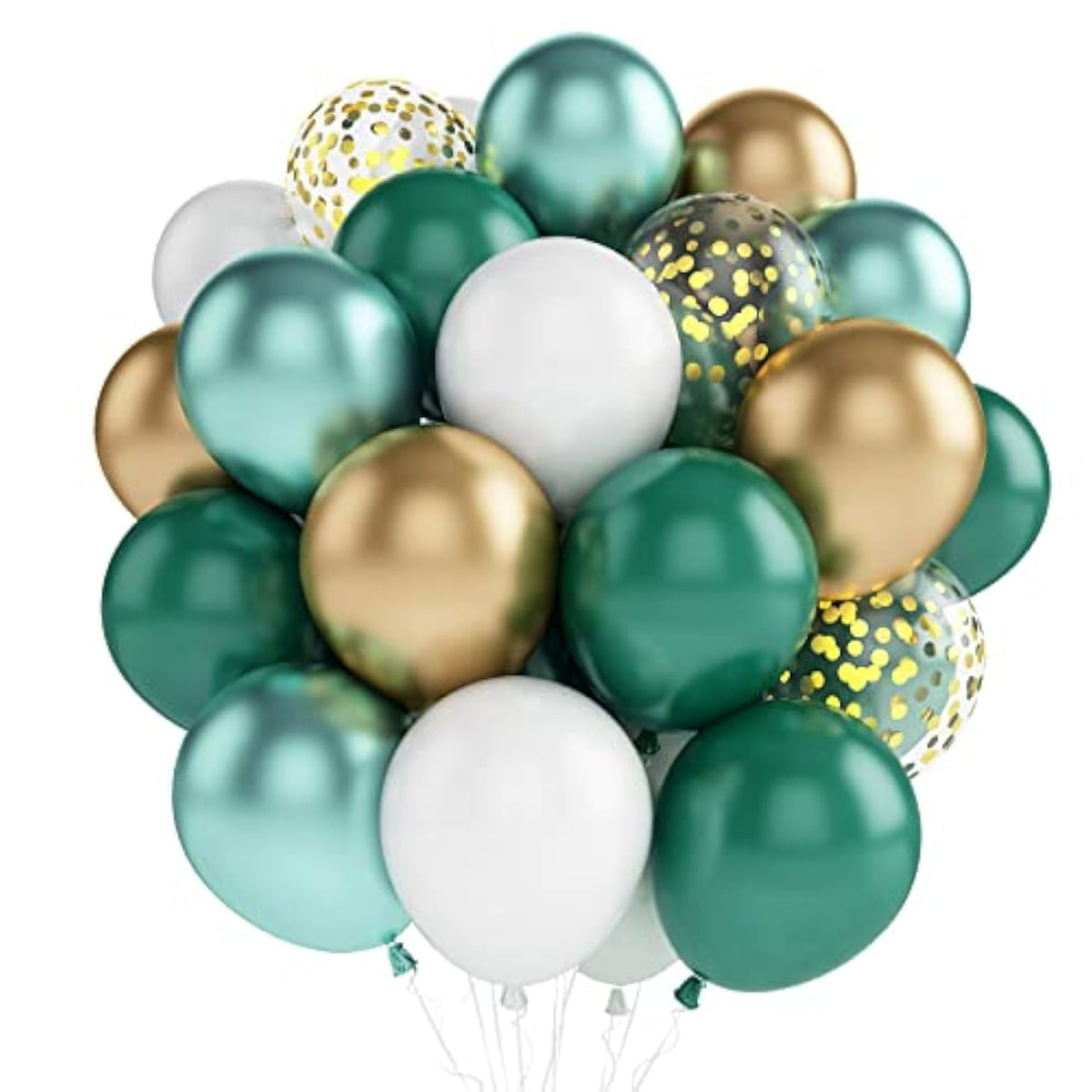 60pcs 12in Metallic Green Gold White Latex Balloons with Ribbons Party