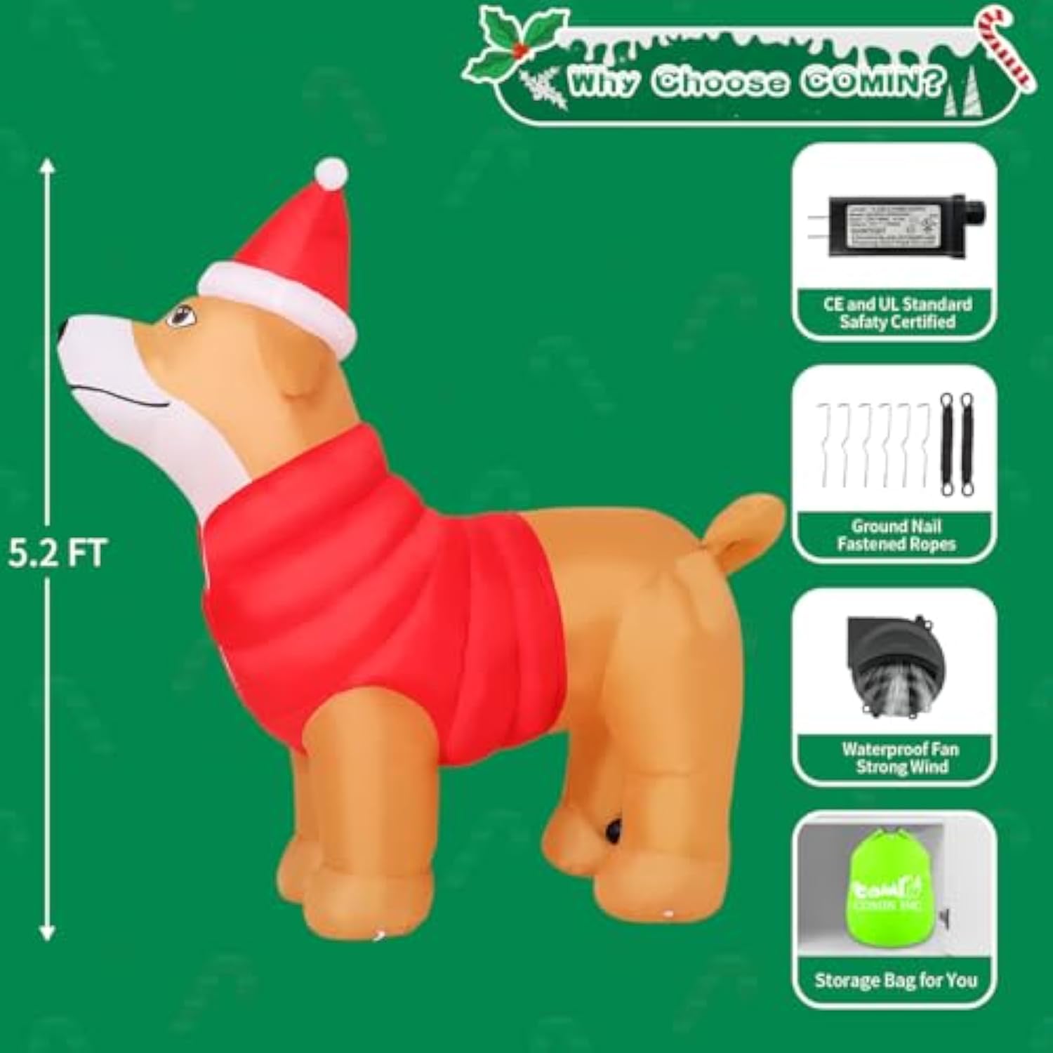 5.2 Ft Tall Christmas Inflatables Outdoor Decorations Blow Up Xmas Golden Retriever Dog Wearing Red Cotton Jacket With B