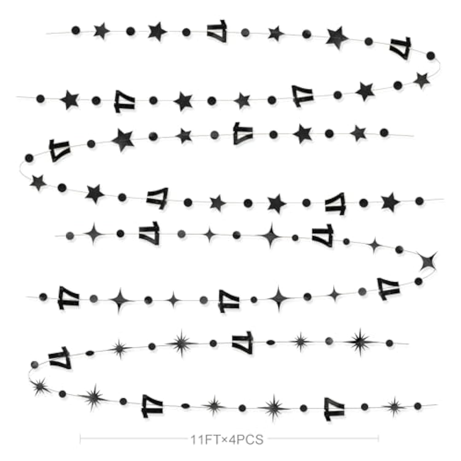 Black 17th Birthday Garland: Metallic Star, Dot & Number Party Decor