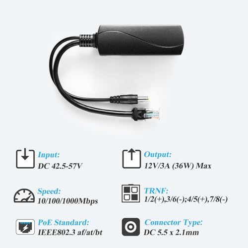 Poe Splitter Gigabit 36W 12V/3A, Dc 5.5 * 2.1Mm Plug Poe To Dc 12V/3A Output, Gigabit Ethernet Comply Ieee802.3Bt, Plug And Play (Ps5712Bg)