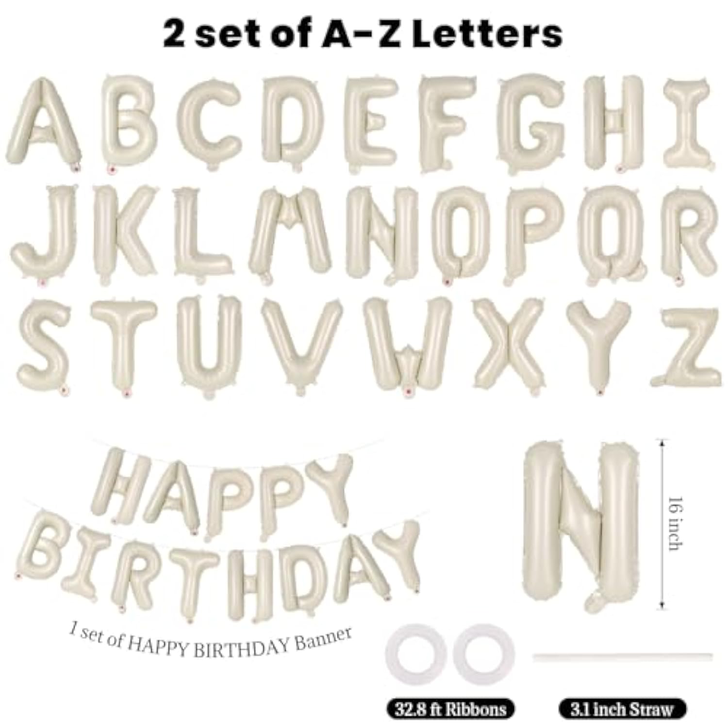 65 Pcs Cream Happy Birthday Balloons And 2 Sets A-Z Letters Foil Balloons, Beige 16 Inch Personalized Name Happy Birthday Banners For Wedding Baby Shower Anniversary Party Decorations (Cream)