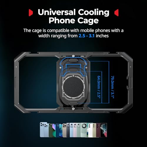 Universal Hyper Chill Cooling Phone Cage for iPhone/Android, with 15W Active Cooler & 2-in-1 USB-C Adapter & Power Bank Holder, Compatible 2.5-3.1"