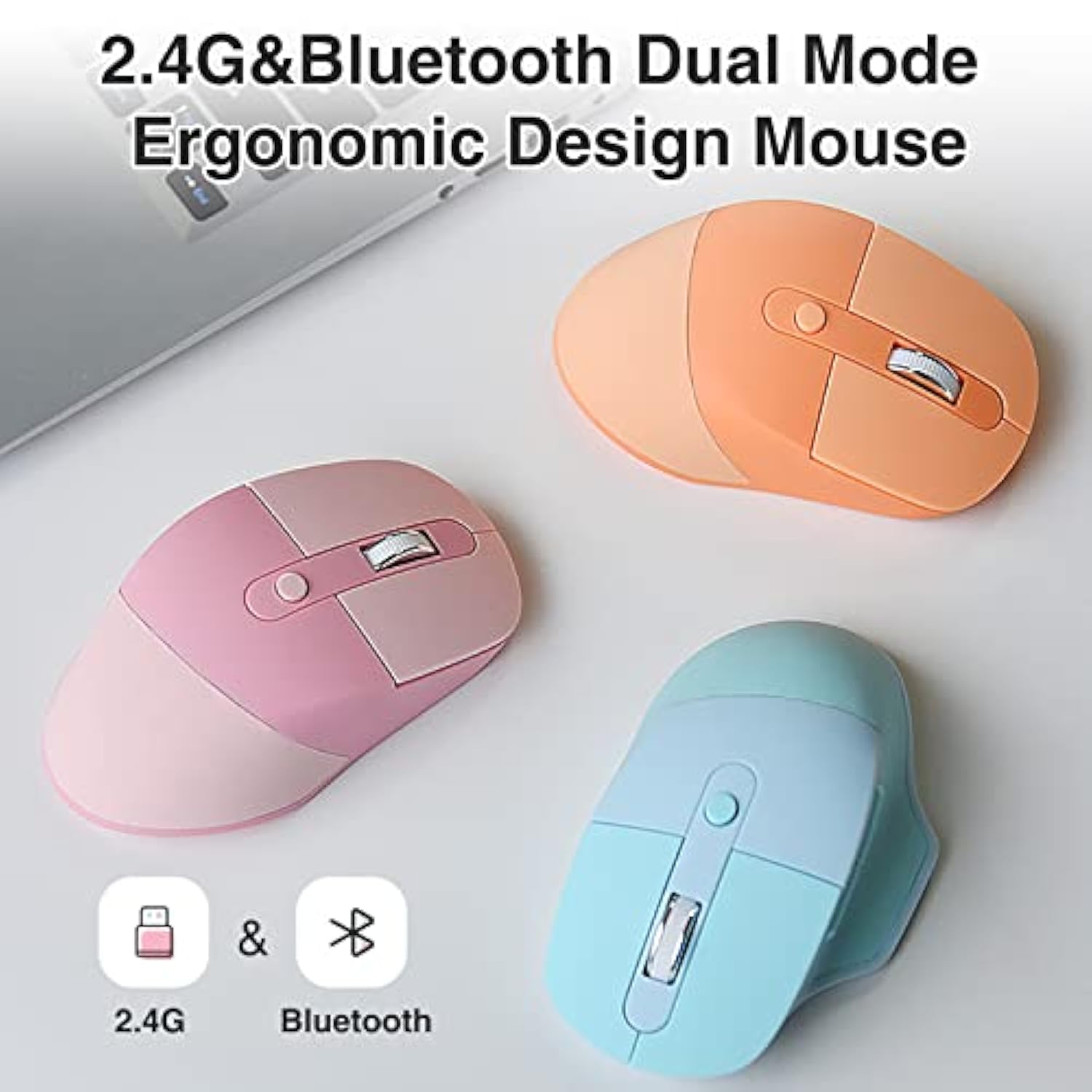 Ergonomic 2.4G & Bluetooth Dual Mode Wireless Mouse With Pu Cover, Soundless Keys, Candy Colors, Compatible With Notebook, Pc, Tablet, Smartphone (Milk Tea)
