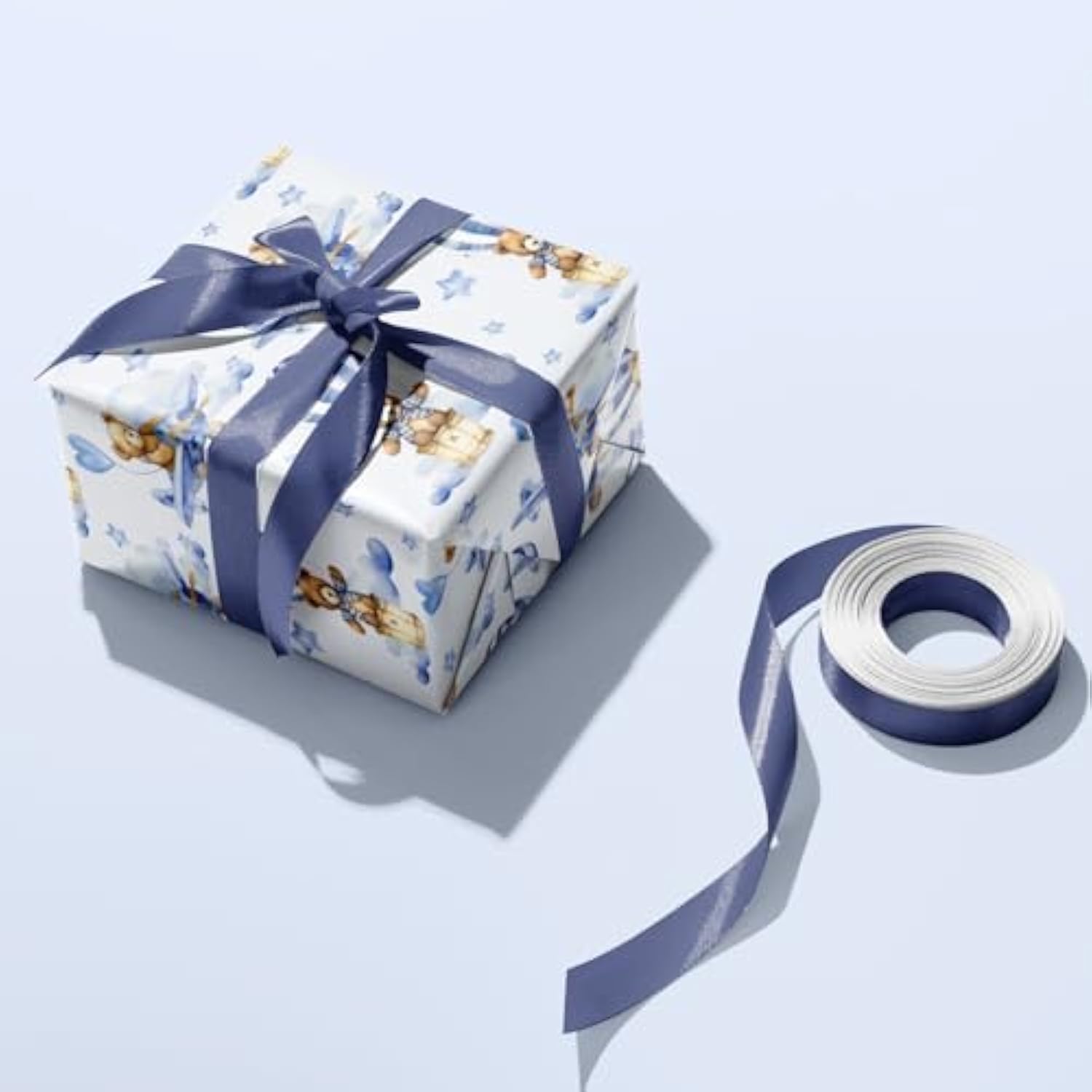 Baby Bear Wrapping Paper Roll, Blue Teddy Bear In Hot Air Balloon Design For Baby Boy Birthday, Baby Shower, Mini Roll, 17 Inches X 32.8 Feet (46.45 Sq.Ft.)