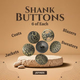 Shank Button - 30 Pack, 6 Of Each Assorted Design, Carved Bronze Tone