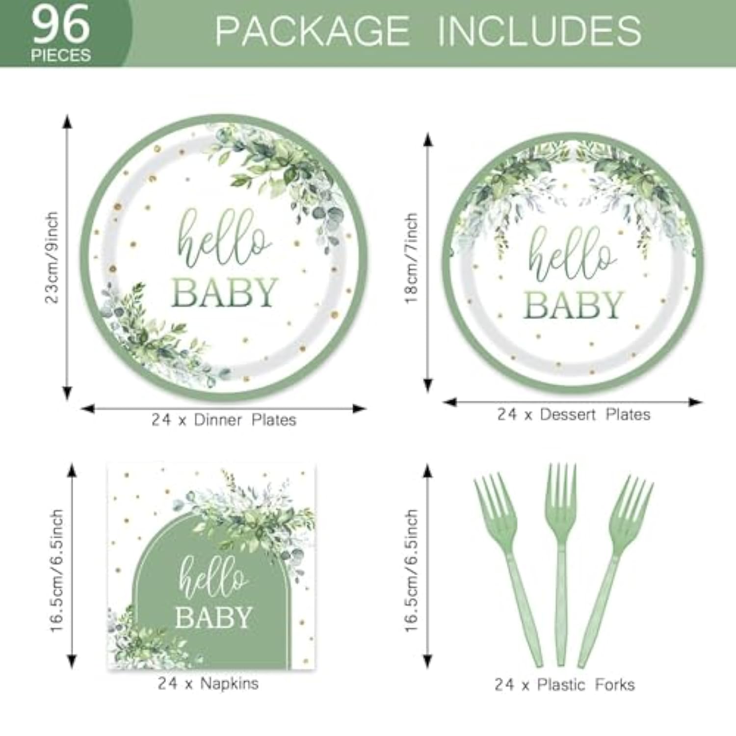 96 Pcs Sage Green Baby Shower Tableware Set, Disposable Party Plates & Napkins for 24