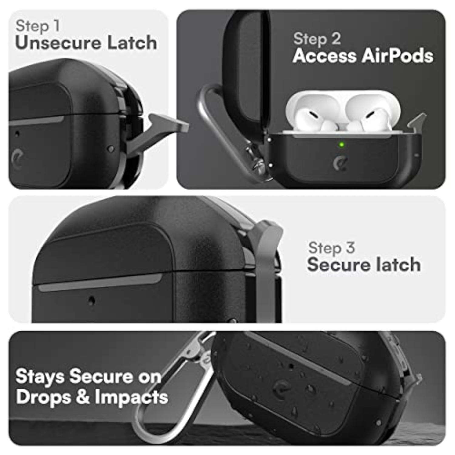 Airpods Pro Case With Lock - Waterproof Airpods Pro 2Nd Generation Case Cover With Carabiner, Rugged Tough Protection, Hard Shell For Usb-C/Lightning (Carbon Black)
