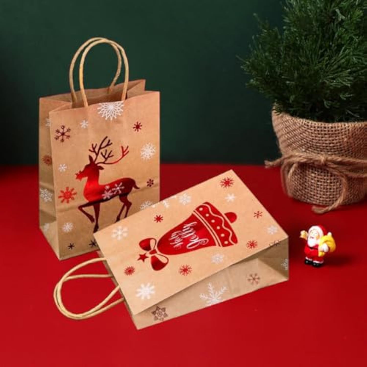 12 Packs Christmas Gift Bags With Handles 8X6 Inches Small Christmas Kraft Paper Bags For Holiday Xmas, 6 Style