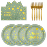 72Pcs Happy Birthday Paper Plates - Sage Green And Gold Tableware Set Include 7Inch Paper Plates 6.5 Inch Napkins And 6.3 Inch Forks Disposable Decoration Supplies For Birthday Party,Serve 24
