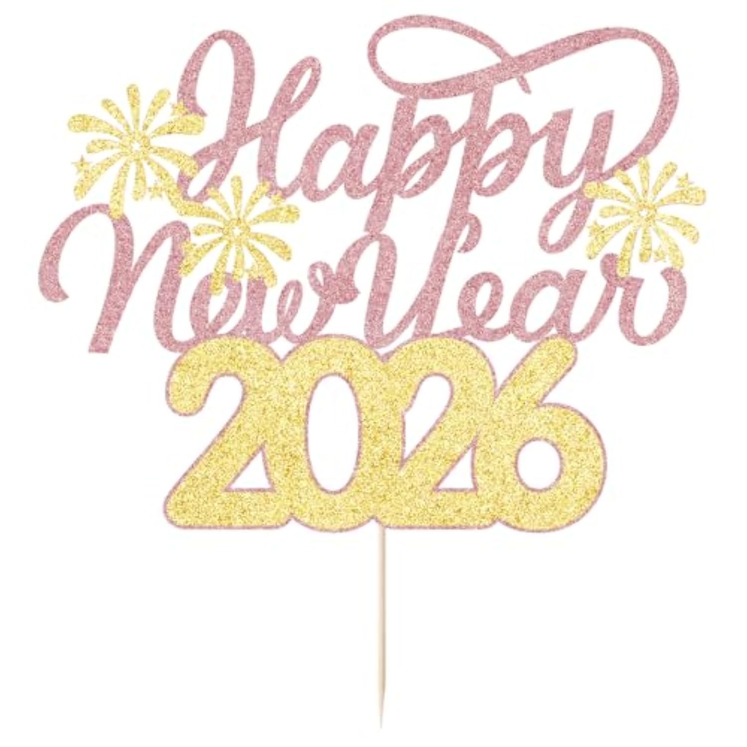 Happy New Year 2026 Cake Topper Gold Rose Glitter Party Decorations