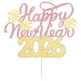 Happy New Year 2026 Cake Topper Gold Rose Glitter Party Decorations