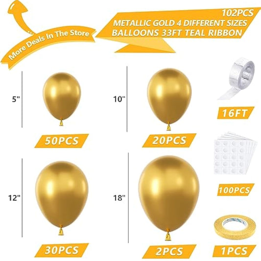 Gold Metallic Chrome Latex Balloon Arch Garland Kit, 102Pcs 18In 12In 10In 5In For Festival Picnic, Engagement, Wedding, Birthday, Gold Theme Anniversary Celebration Decoration With 33Ft Ribbon