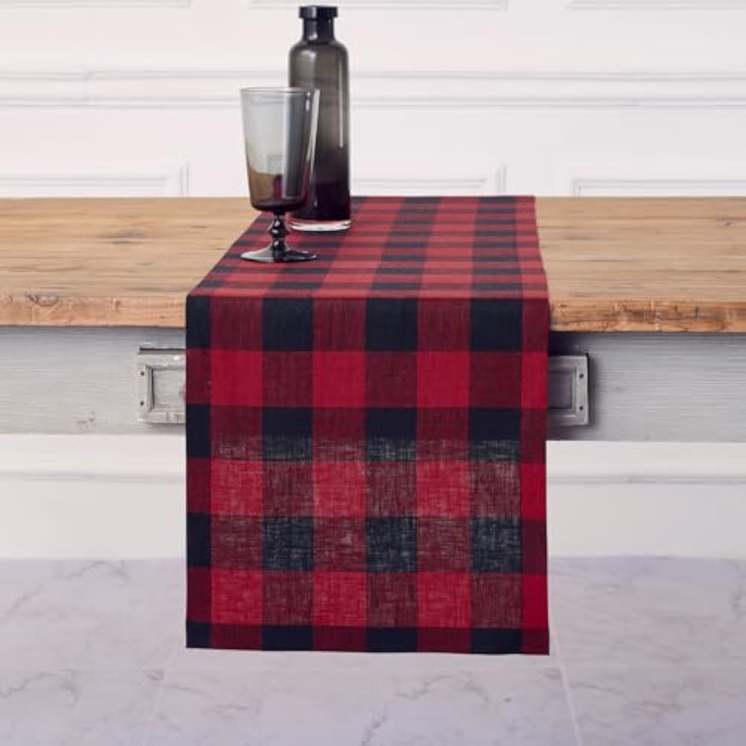 Red Black Linen Checkered Table Runner 14x36in Buffalo Plaid Holiday Decor