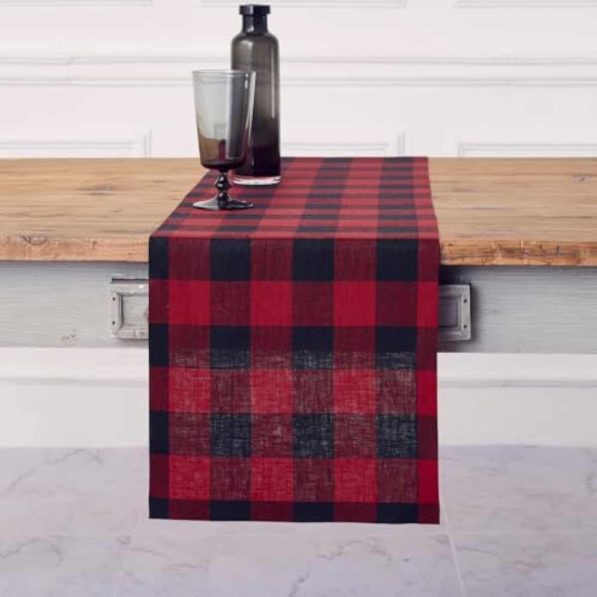 Red Black Linen Checkered Table Runner 14x36in Buffalo Plaid Holiday Decor